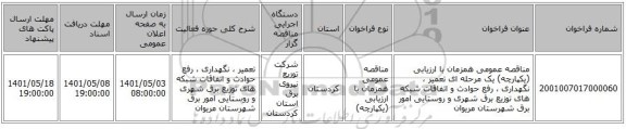 مناقصه، مناقصه عمومی همزمان با ارزیابی (یکپارچه) یک مرحله ای تعمیر ، نگهداری ، رفع حوادث و اتفاقات شبکه های توزیع برق شهری و روستایی امور برق شهرستان مریوان