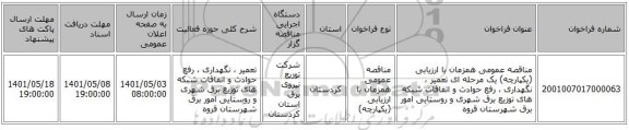 مناقصه، مناقصه عمومی همزمان با ارزیابی (یکپارچه) یک مرحله ای تعمیر ، نگهداری ، رفع حوادث و اتفاقات شبکه های توزیع برق شهری و روستایی امور برق شهرستان قروه