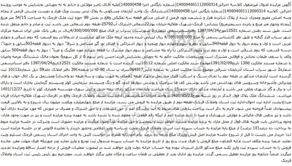 آگهی مزایده ششدانگ یک واحد آپارتمان مسکونی به پلاک ثبتی بیست ویک هزار و دویست وشش فرعی از پنجاه وسه اصلی