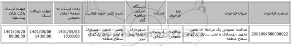 مناقصه، مناقصه عمومی یک مرحله ای    تعمیر ، تجهیز ،بهسازی و ایمن سازی پارکهای سطح منطقه