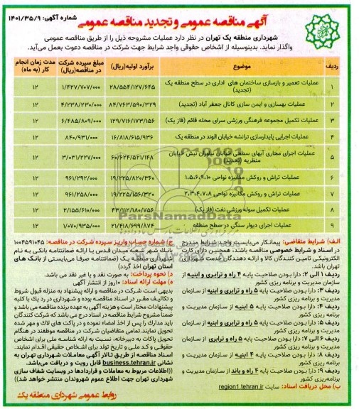 آگهی مناقصه عمومی و تجدید مناقصه عمومی عملیات تعمیر و بازسازی ساختمان های اداری در سطح منطقه ...