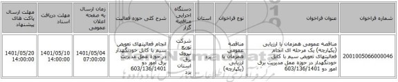 مناقصه، مناقصه عمومی همزمان با ارزیابی (یکپارچه) یک مرحله ای انجام فعالیتهای تعویض سیم  با کابل خودنگهدار در حوزه عمل مدیریت برق امور دو 603/136/1401