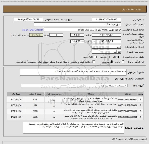 استعلام خرید مصالح بیس جاده ای -ماسه شسته -ماسه کفی-مخلوط رودخانه ای