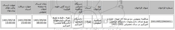 مناقصه، مناقصه عمومی دو مرحله ای تهیه ، طبخ و توزیع غذای دانشجویان دانشگاه صنعتی امیرکبیر در سال تحصیلی 1402-1401