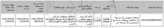 مناقصه، مناقصه عمومی یک مرحله ای مناقصه نیروهای شرکتی (خدماتی) یک مرحله ایی