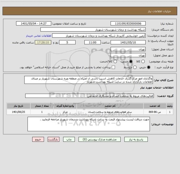 استعلام واگذاری امور مرکز گذری خدمات کاهش اسیب ناشی از اعتیاد در منطقه ویره شهرستان شهریار بر مبنای اطلاعات بارگزاری شده در سایت شبکه بهداشت شهریار