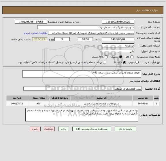 استعلام اجرای جدول کانیو بر اساس برآورد سال 1401