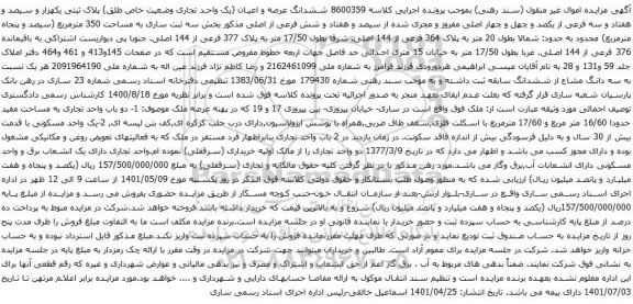 آگهی مزایده ششدانگ عرصه و اعیان (یک واحد تجاری وضعیت خاص طلق) پلاک ثبتی یکهزار و سیصد و هفتاد و سه فرعی از یکصد و چهل و چهار اصلی