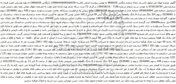 آگهی مزایده سهم 5/4 دانگ مشاع از 6 دانگ یکقطعه زمین مزروعی پلاک ثبتی 59 فرعی از 165 اصلی