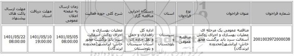 مناقصه، مناقصه عمومی یک مرحله ای عملیات بهسازی و اجرای روکش آسفالت سرد باند برگشت محور خاش- ایرانشهر(محدوده ایرندگان)