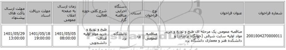 مناقصه، مناقصه عمومی یک مرحله ای طبخ و توزیع و خرید مواد اولیه سایت شرقی (خوابگاه برادران) و دانشکده هنر و معماری دانشگاه یزد