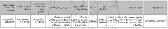 مناقصه، مناقصه عمومی یک مرحله ای احداث دوربرگردان مجتمع خدماتی رفاهی همای سعادت محور دلیجان – سلفچگان