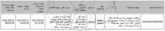 مناقصه، مناقصه عمومی یک مرحله ای لکه گیری و روکش آسفالت محور نوبران- قارلق- گزل دره (حوزه دهستان بیات) شهرستان ساوه