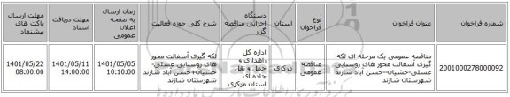 مناقصه، مناقصه عمومی یک مرحله ای لکه گیری آسفالت محور های روستایی عسلی-حشیان--حسن آباد شازند شهرستان شازند