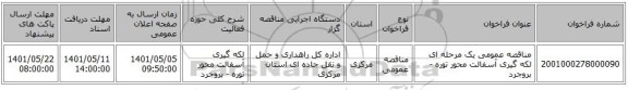 مناقصه، مناقصه عمومی یک مرحله ای لکه گیری آسفالت محور توره - بروجرد