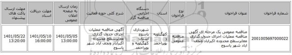 مناقصه، مناقصه عمومی یک مرحله ای آگهی مناقصه عملیات اجرای جدول گذاری معابرسطح محدوده اکبراباد ونجف اباد شهر یاسوج