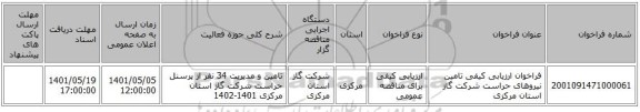 مناقصه، فراخوان ارزیابی کیفی تامین  نیروهای حراست شرکت گاز استان مرکزی