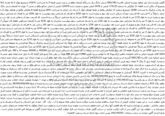 آگهی مزایده شش دانگ یک دستگاه آپارتمان واقع در سمت غربی طبقه 3 به مساحت 145/41 مترمربع