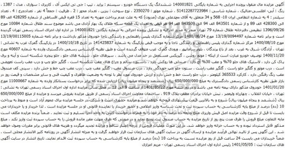 آگهی مزایده ششدانگ یک دستگاه خودرو سیستم : پراید