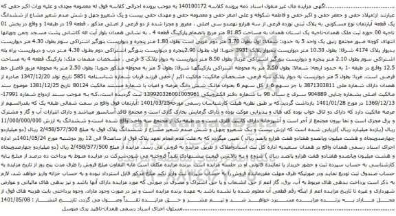 آگهی مزایده ششدانگ یک قطعه آپارتمان نوع مسکونی به پلاک ثبتی نوزده فرعی از سه هزارو نهصدو سی اصلی ، مفروز و مجزا شده