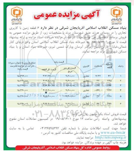 مزایده فروش 6 قطعه زمین با کاربری تجاری