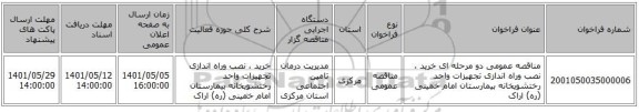 مناقصه، مناقصه عمومی دو مرحله ای خرید ، نصب وراه اندازی تجهیزات واحد رختشویخانه بیمارستان امام خمینی (ره) اراک