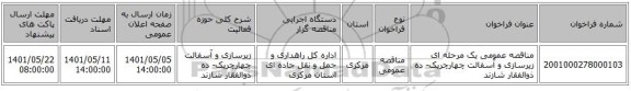 مناقصه، مناقصه عمومی یک مرحله ای زیرسازی و آسفالت چهارچریک- ده ذوالفقار شازند