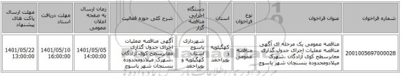 مناقصه، مناقصه عمومی یک مرحله ای آگهی مناقصه عملیات اجرای جدول گذاری معابرسطح کوی آزادگان ،شهرک میلادومحدوده بنسنجان   شهر یاسوج