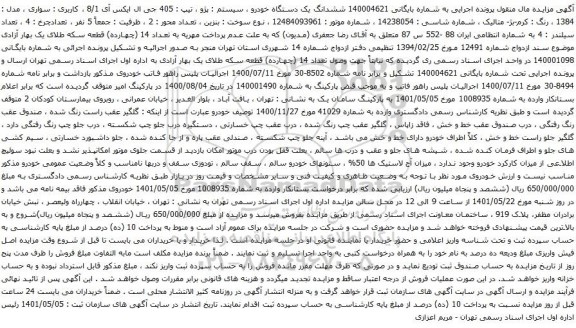 آگهی مزایده ششدانگ یک دستگاه خودرو ، سیستم : پژو ، تیپ : 405 جی ال ایکس آی 8/1 