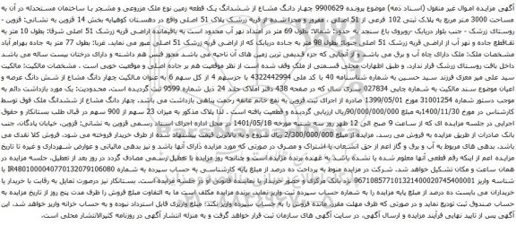 آگهی مزایده چهار دانگ مشاع از ششدانگ یک قطعه زمین نوع ملک مزروعی و مشجر با ساختمان مستحدئه