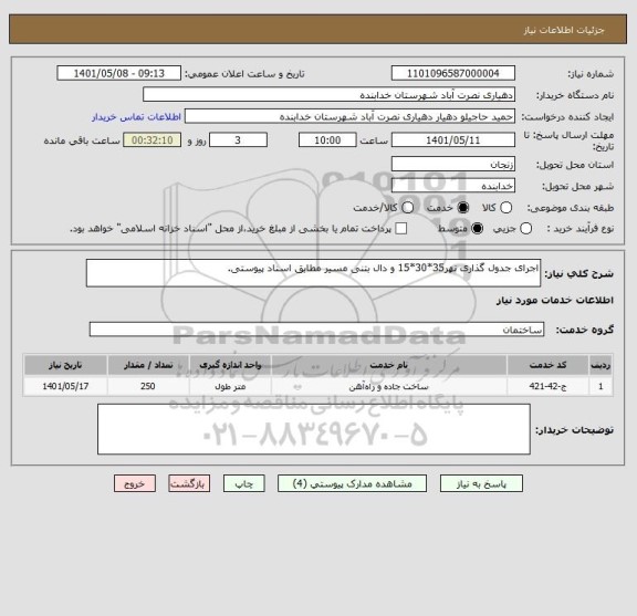 استعلام اجرای جدول گذاری نهر35*30*15 و دال بتنی مسیر مطابق اسناد پیوستی.