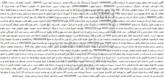 آگهی مزایده ششدانگ یک دستگاه خودرو ، سیستم : پژو ، تیپ : 206TU3 