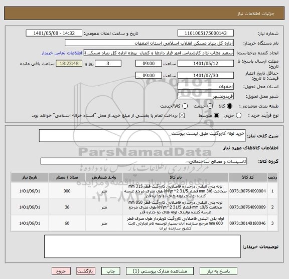 استعلام خرید لوله کاروگلیت طبق لیست پیوست