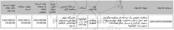 مناقصه، مناقصه عمومی یک مرحله ای مناقصه واگذاری امور حمل و نقل و ماموریت های درون و بیرون شهری کارکنان و پرسنل مرکز بهداشت شهرستان کهگیلویه