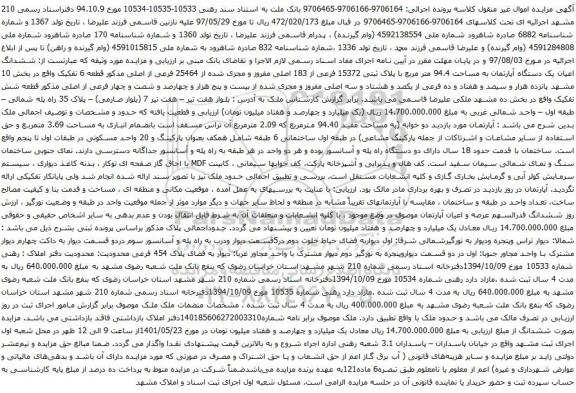 آگهی مزایده ششدانگ اعیان یک دستگاه آپارتمان به مساحت 94.4 متر مربع با پلاک ثبتی 15372 فرعی از 183 اصلی