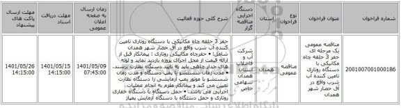 مناقصه، مناقصه عمومی یک مرحله ای حفر 3 حلقه چاه مکانیکی با دستگاه روتاری تامین کننده آب شرب واقع در آق حصار شهر همدان