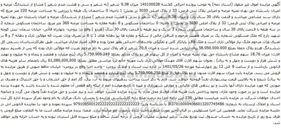 آگهی مزایده ششدانگ عرصه و اعیان باستثناء حق بهاء ثمنیه عرصه و اعیانی پلاک ثبتی فرعی: 33 از پلاک اصلی 3030