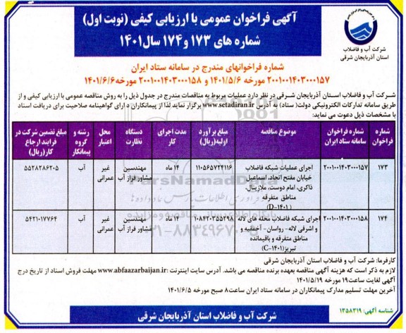 مناقصه اجرای عملیات شبکه فاضلاب خیابان