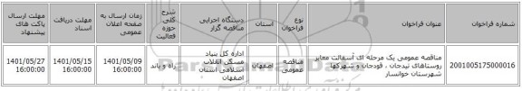 مناقصه، مناقصه عمومی یک مرحله ای آسفالت معابر روستاهای تیدجان ، قودجان و شهرکها شهرستان خوانسار