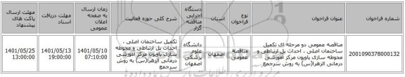 مناقصه، مناقصه عمومی دو مرحله ای تکمیل ساختمان اصلی ، احداث پل ارتباطی و محوطه سازی پاویون مرکز آموزشی درمانی الزهرا(س) به روش سرجمع