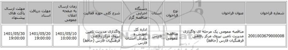 مناقصه، مناقصه عمومی یک مرحله ای واگذاری مدیریت تامین نیروی مرکز رفاهی فرهنگیان فارس (حافظ)