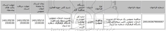 مناقصه، مناقصه عمومی یک مرحله ای مدیریت خدمات عمومی تامین نیروی انسانی باشگاه فرهنگیان شماره دو شیراز