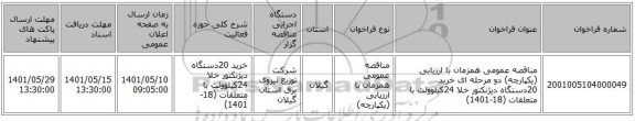 مناقصه، مناقصه عمومی همزمان با ارزیابی (یکپارچه) دو مرحله ای خرید 20دستگاه دیژنکتور خلا 24کیلوولت با متعلقات (18-1401)