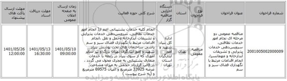 مناقصه، مناقصه عمومی دو مرحله ای نجام امور خدمات نظافتی، سرویس‌دهی خدمات پذیرایی و تشریفات آبدارخانه و مهمانسرا، انجام اقدامات مرتبط با نگهداری فضای سبز و سم