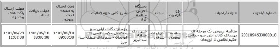 مناقصه، مناقصه عمومی یک مرحله ای بهسازی کانال ایلی سو حدفاصل حکیم نظامی تا ابوریحان