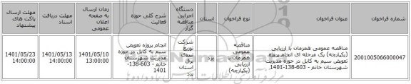 مناقصه، مناقصه عمومی همزمان با ارزیابی (یکپارچه) یک مرحله ای انجام پروژه تعویض سیم به کابل در حوزه مدیریت شهرستان خاتم - 603-138-1401