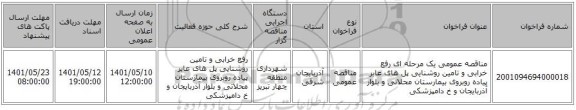 مناقصه، مناقصه عمومی یک مرحله ای رفع خرابی و تامین روشنایی پل های عابر پیاده روبروی بیمارستان محلاتی و بلوار آذربایجان و خ دامپزشکی