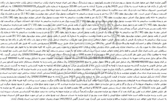 آگهی مزایده اموال غیر منقول هشتاد وچهار سهم مشاع از مقسم یکهزارونود سهم ششدانگ سوای ثمن اعیان عرصه و اعیان یکباب ساختمان شامل یکباب خانه و چهار باب دکان