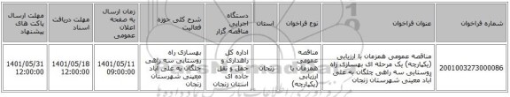 مناقصه، مناقصه عمومی همزمان با ارزیابی (یکپارچه) یک مرحله ای بهسازی راه روستایی سه راهی چلگان به علی آباد معینی شهرستان زنجان