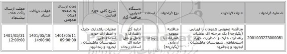 مناقصه، مناقصه عمومی همزمان با ارزیابی (یکپارچه) یک مرحله ای عملیات راهداری جاری و اضطراری حوزه استحفاظی شهرستان ماهنشان ، ایجرود و زنجانرود